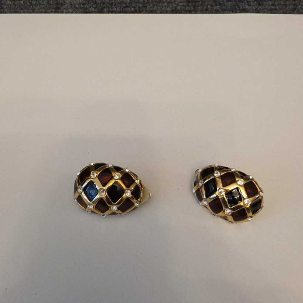 Gold Tone Enamel Rhinestone Clip On‎ Earrings Oval Stud Womens Luxury